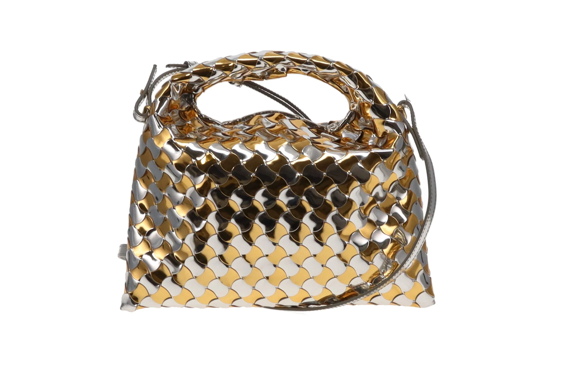 Bottega Veneta Gold /Silver Intrecciato-Woven Patent Leather Mini Hop Bag