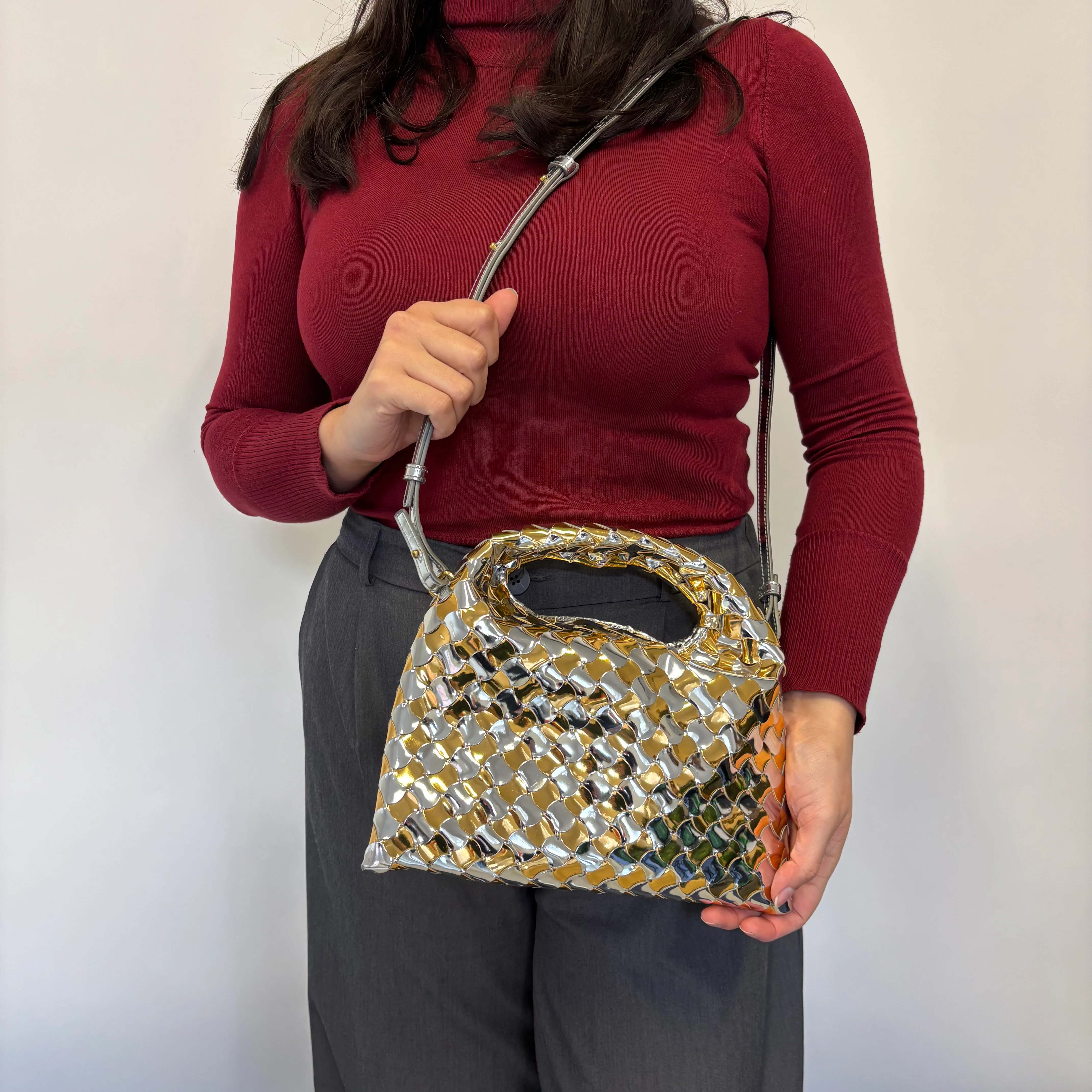 Bottega Veneta Gold /Silver Intrecciato-Woven Patent Leather Mini Hop Bag - Image 2
