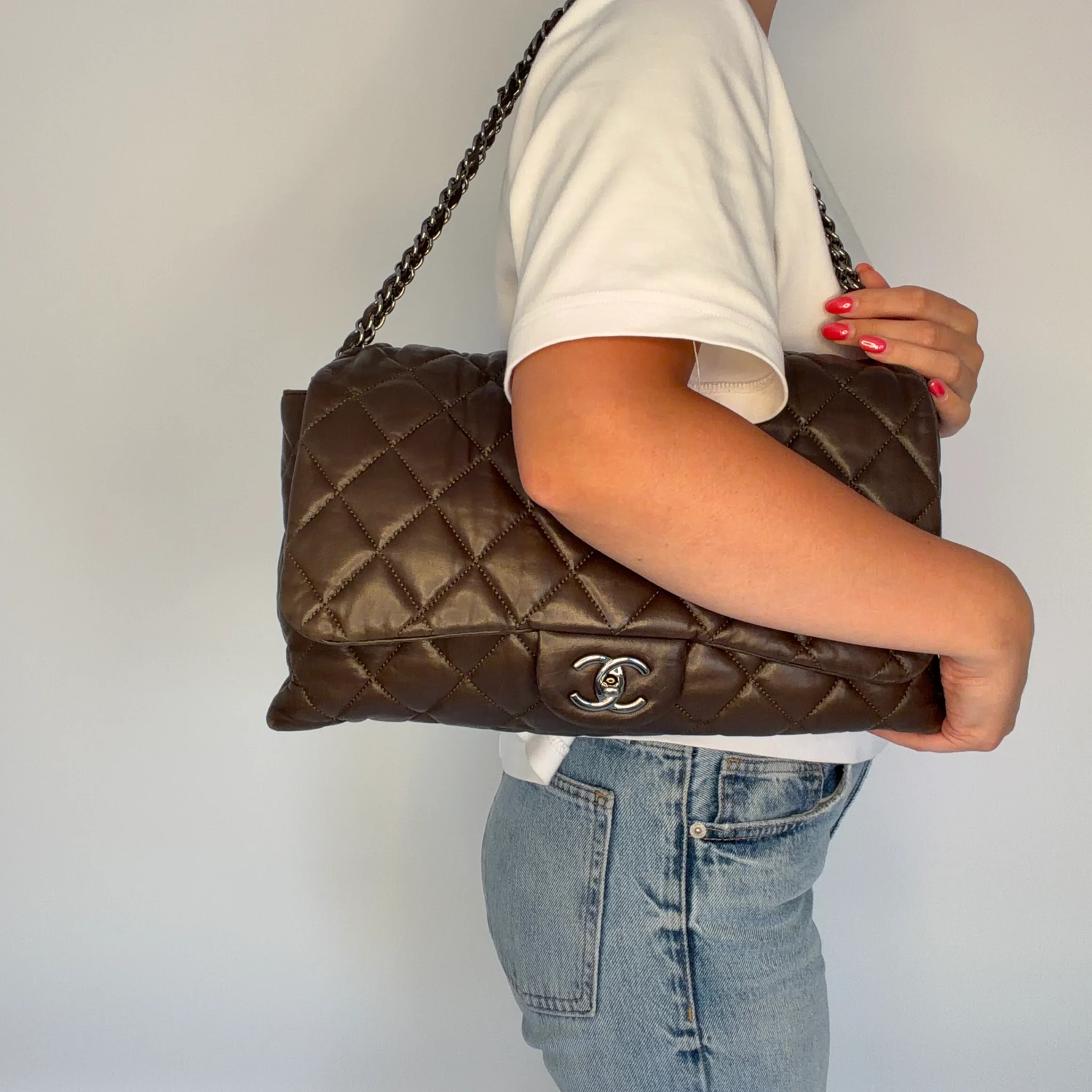 Chanel Accordian Quilted Lambskin Flap Seasonal Dark Khaki 2010 - Image 2