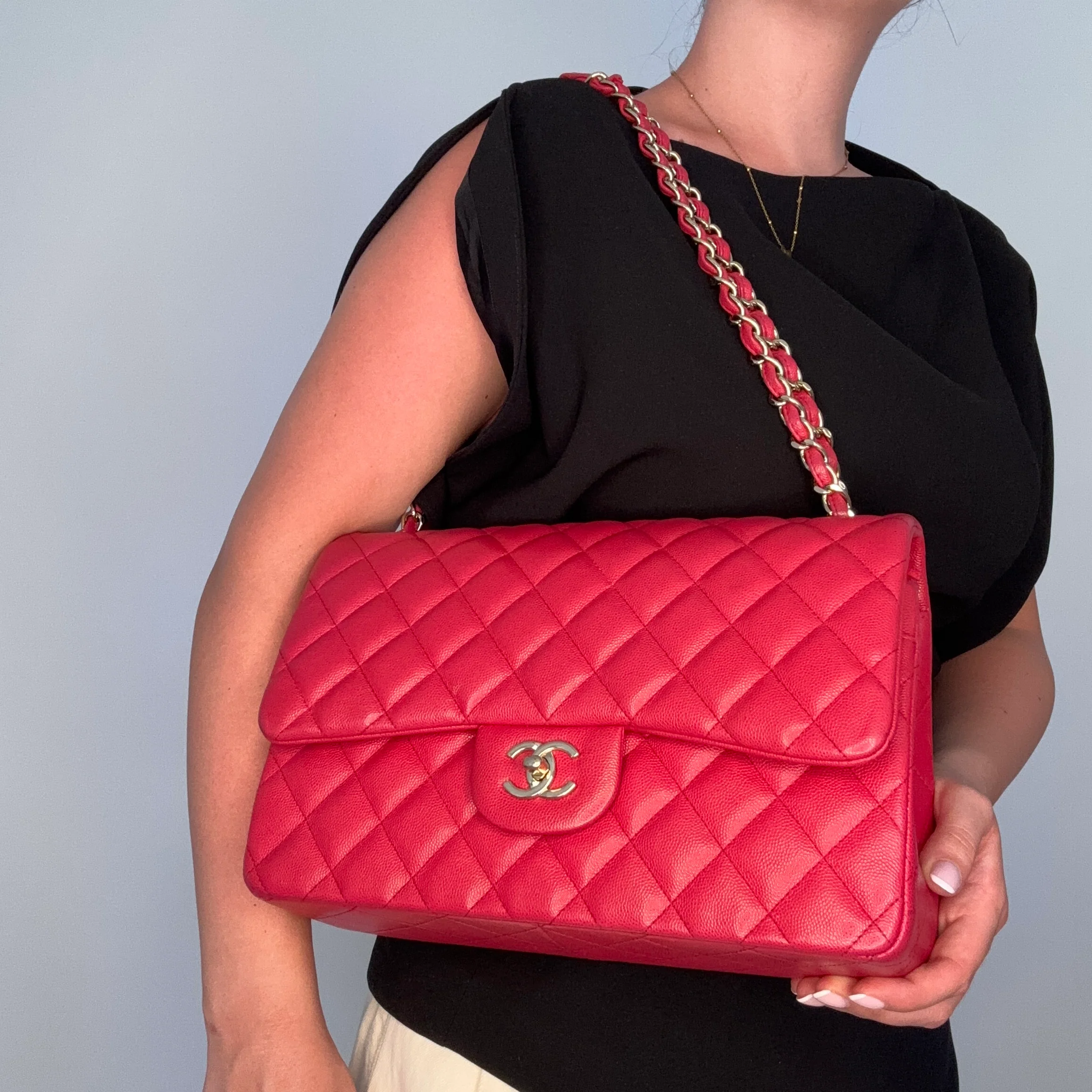 Chanel Classic Jumbo Double Flap Raspberry Caviar GHW 2019 - Image 2