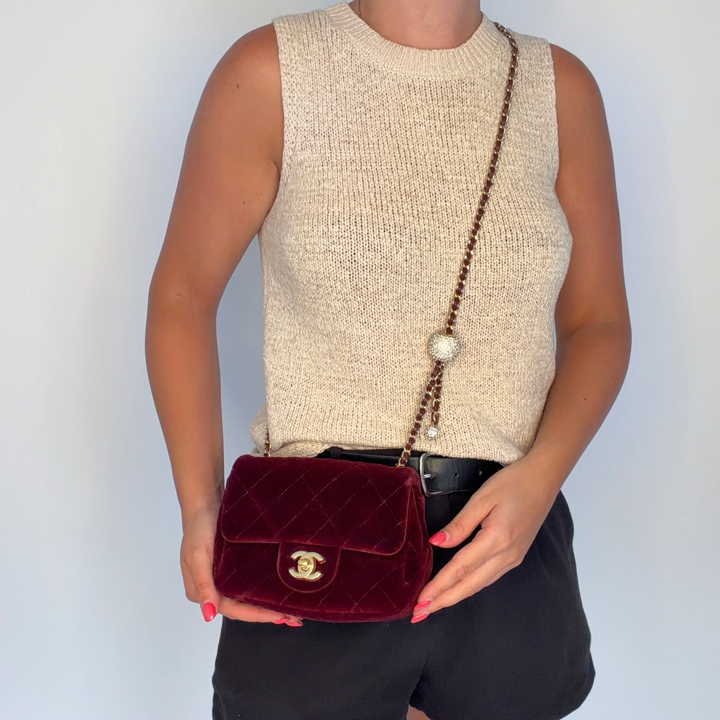 Chanel Classic Mini Square Crystal Pearl Crush Burgundy Velvet 2020 - Image 2