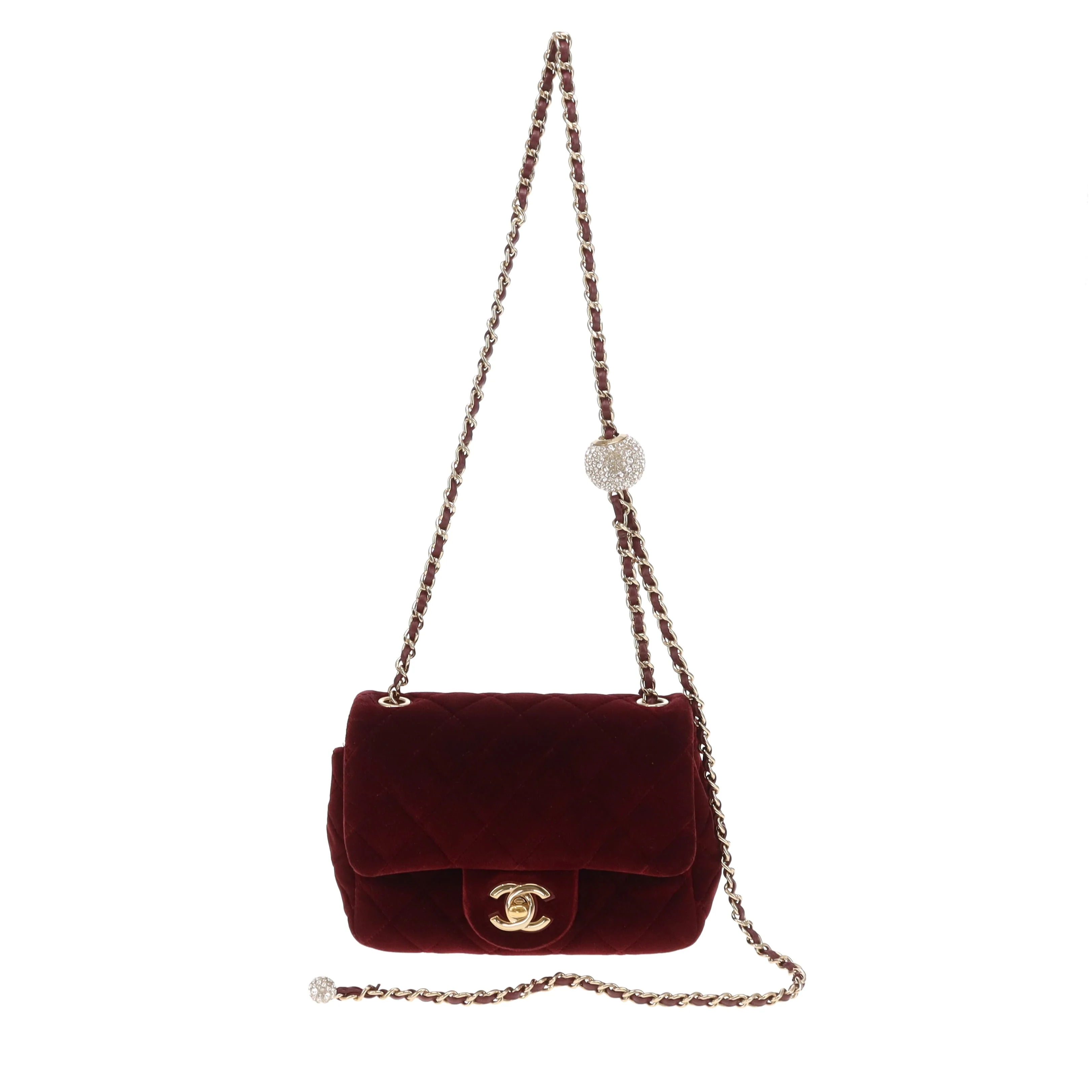 Chanel Classic Mini Square Crystal Pearl Crush Burgundy Velvet 2020 - Image 3