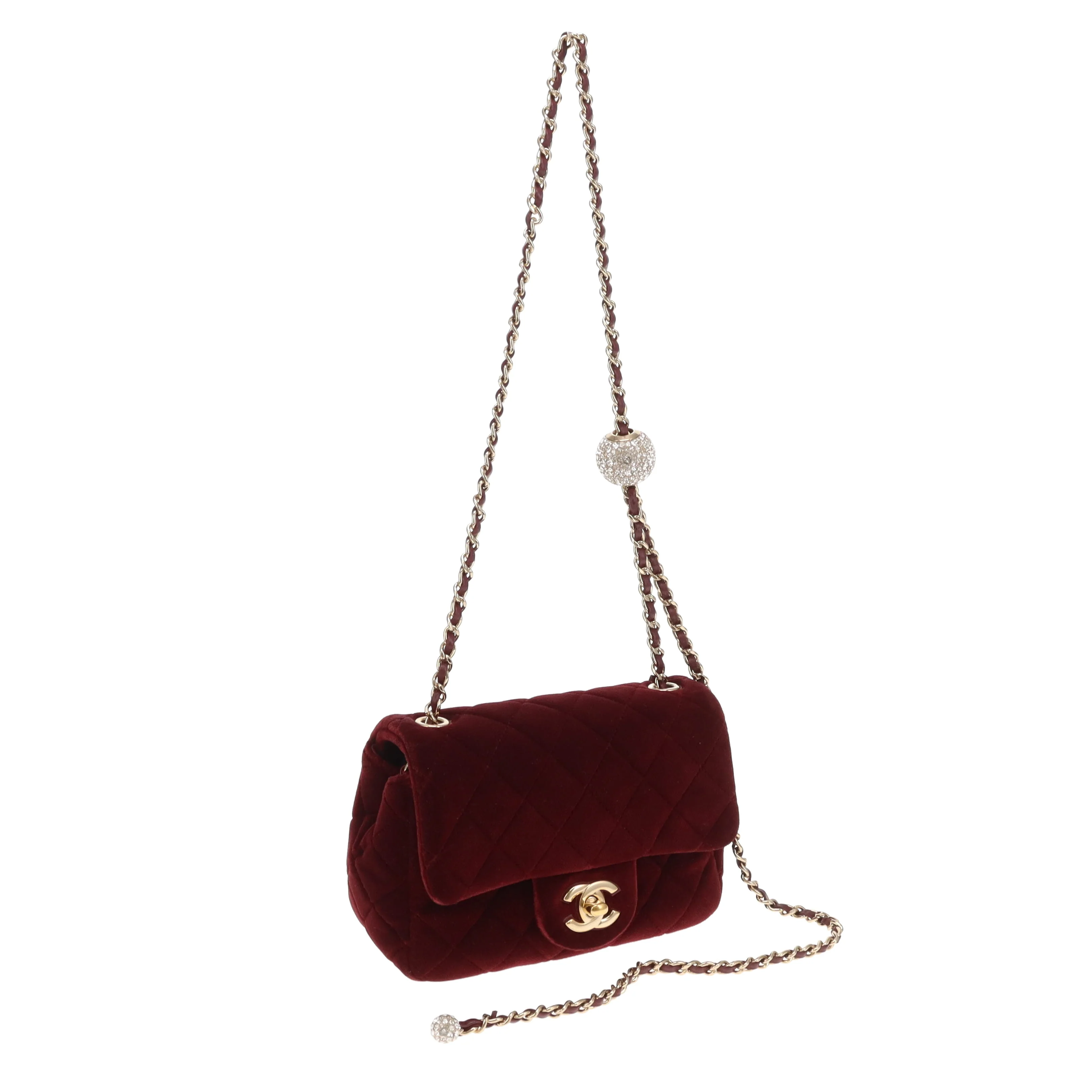 Chanel Classic Mini Square Crystal Pearl Crush Burgundy Velvet 2020 - Image 5