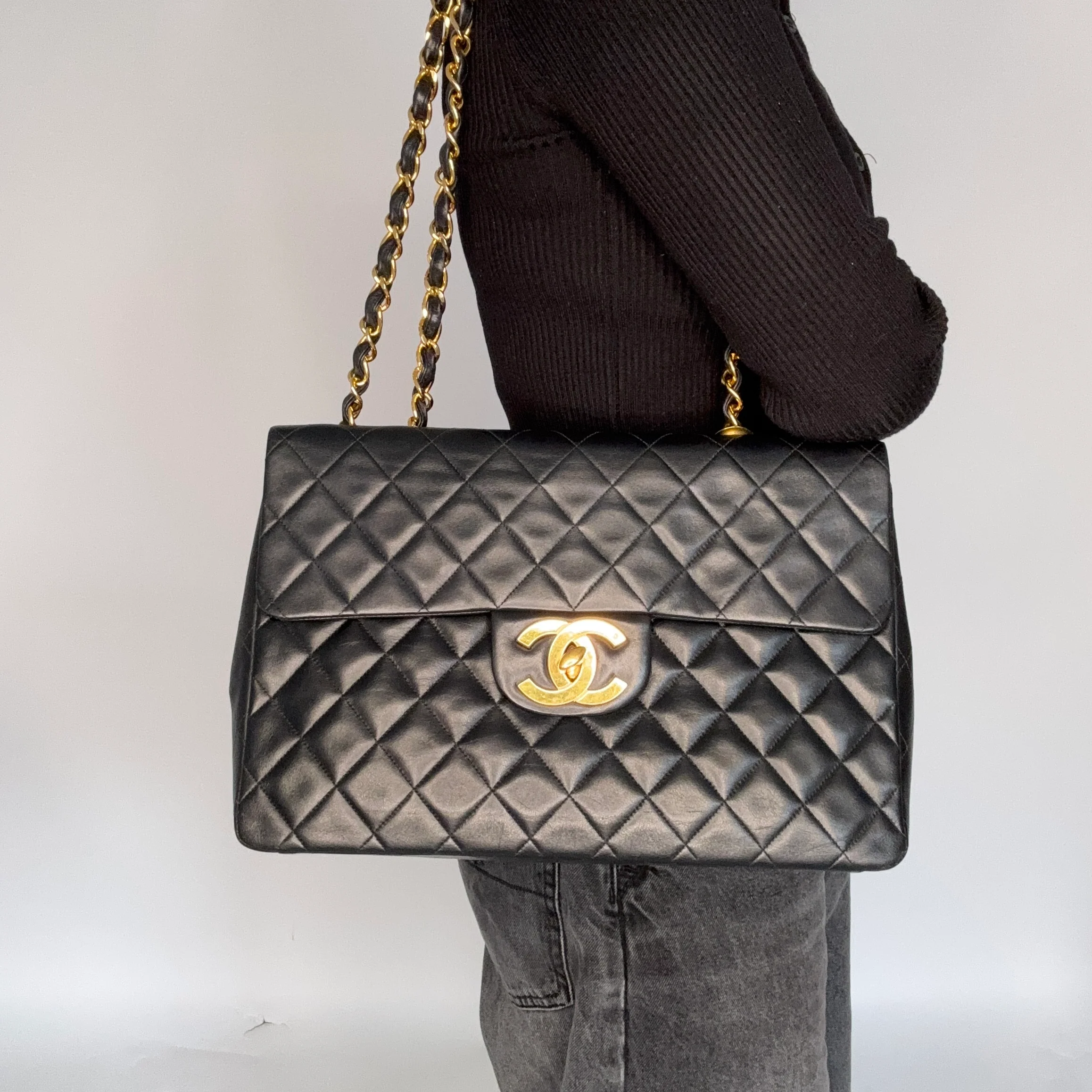 Chanel Classic Single Flap Vintage XL CC Black Lambskin GHW 1994/96 - Image 2