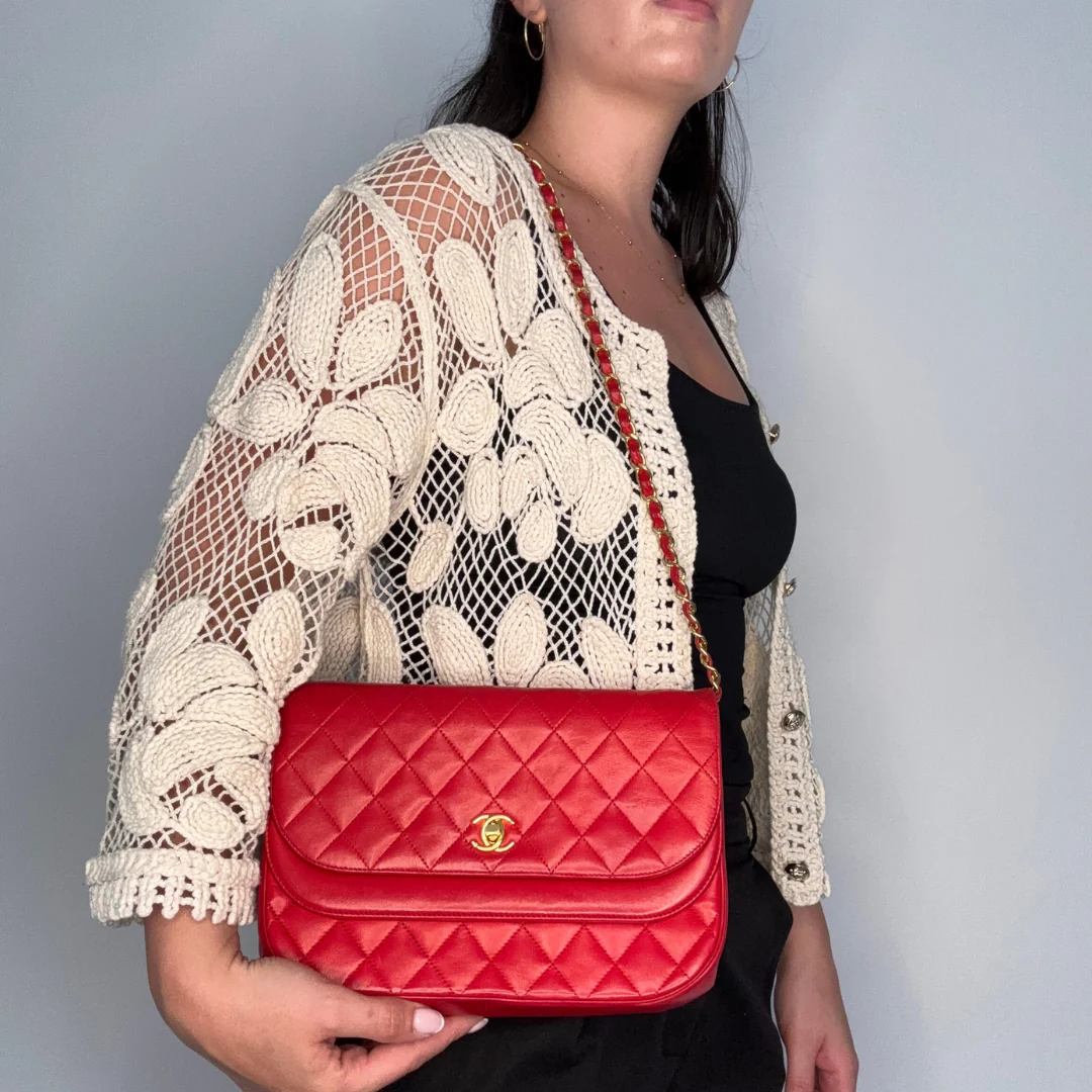 Chanel Double Half Moon Flap Shoulder Bag Red GHW - Image 2
