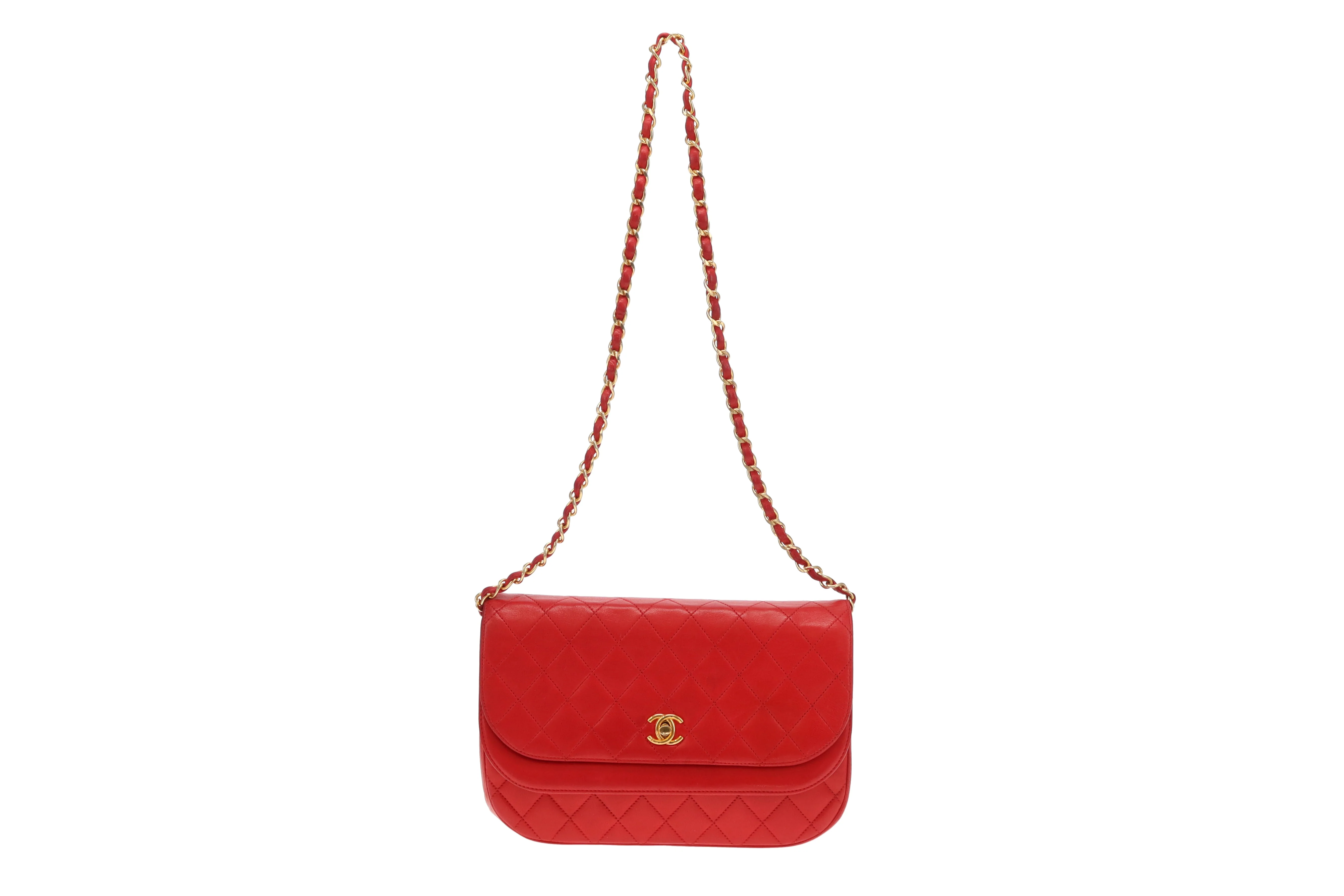 Chanel Double Half Moon Flap Shoulder Bag Red GHW - Image 3