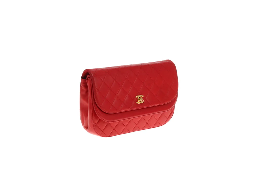 Chanel Double Half Moon Flap Shoulder Bag Red GHW - Image 5