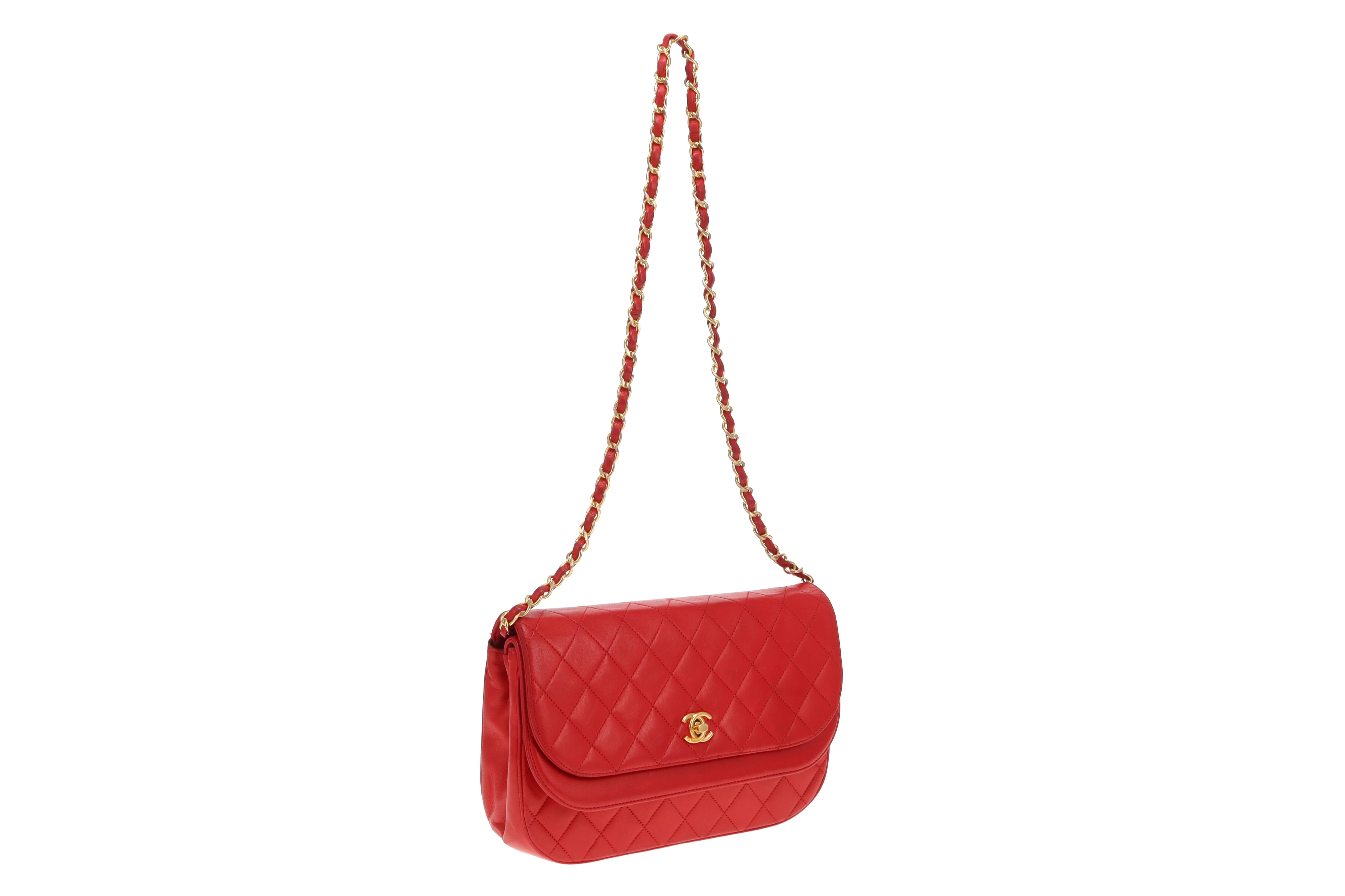 Chanel Double Half Moon Flap Shoulder Bag Red GHW - Image 6