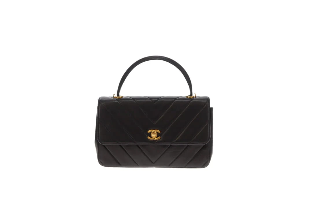 Chanel Top Handle Kelly Bag Vintage Chevron Lambskin GHW with Chain