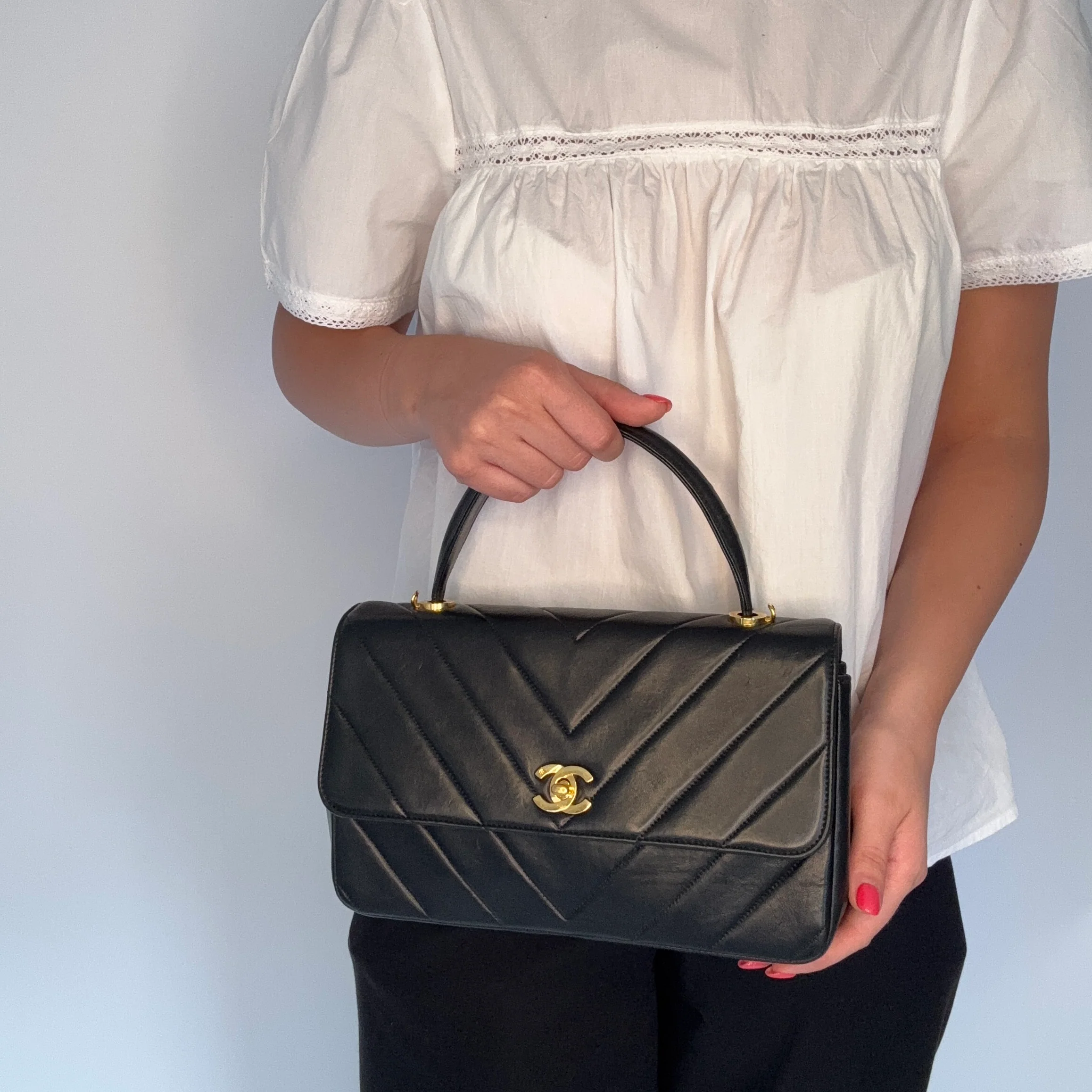 Chanel Top Handle Kelly Bag Vintage Chevron Lambskin GHW with Chain - Image 2