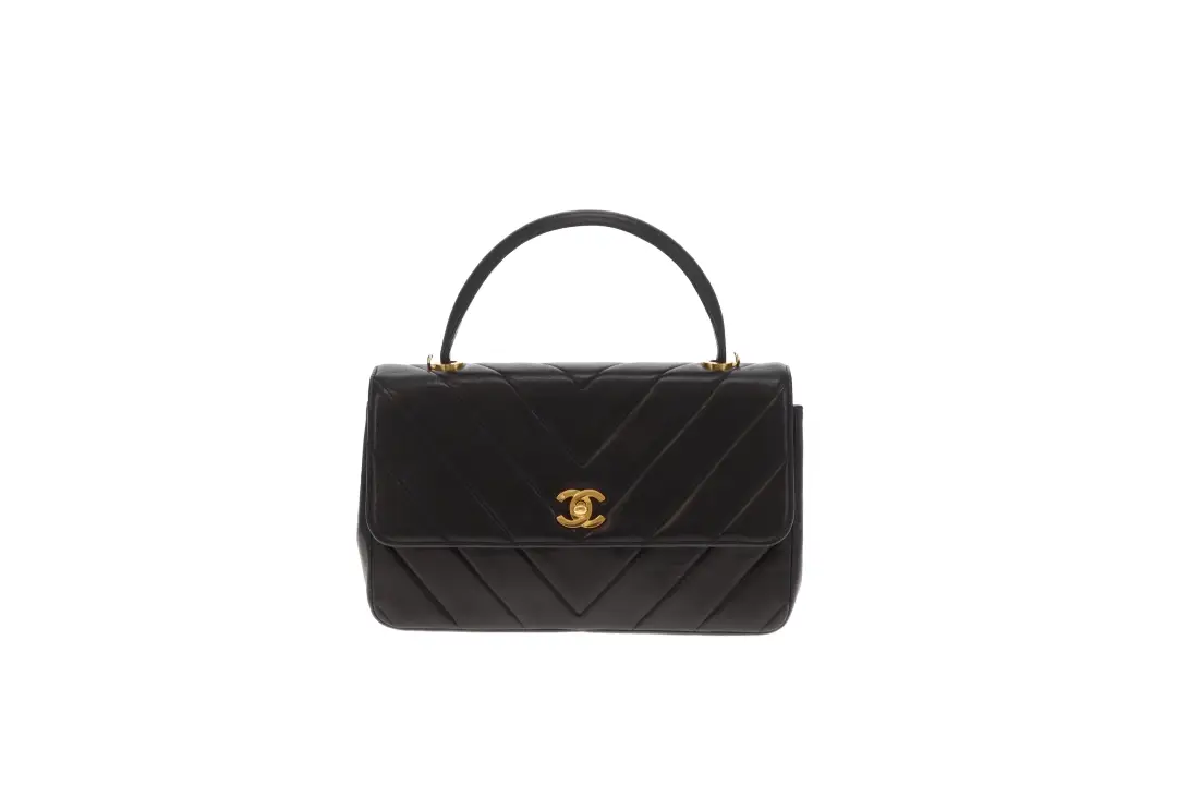 Chanel Top Handle Kelly Bag Vintage Chevron Lambskin GHW with Chain - Image 3