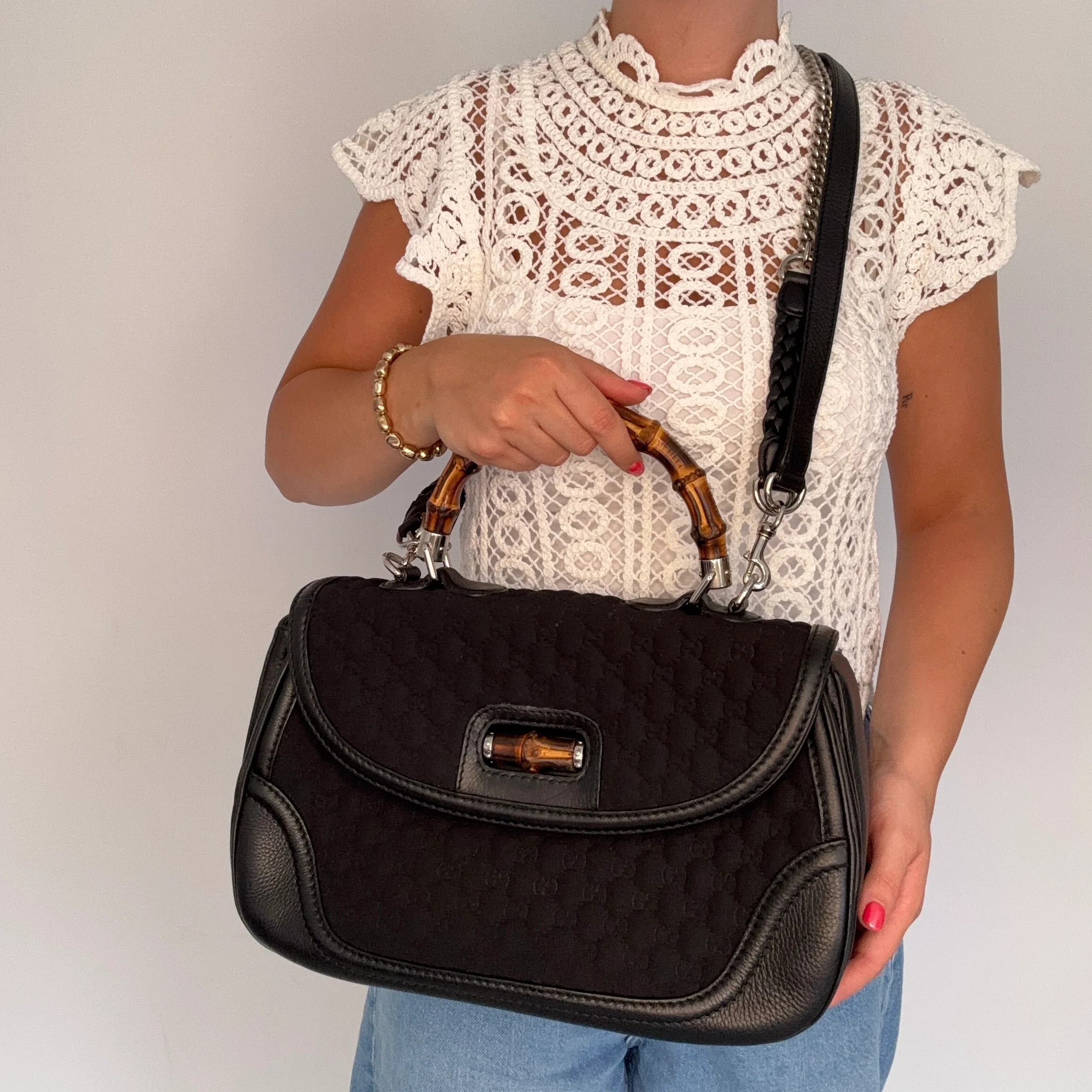 Gucci Bamboo Top handle Large Black Leather and Neoprene - Image 2