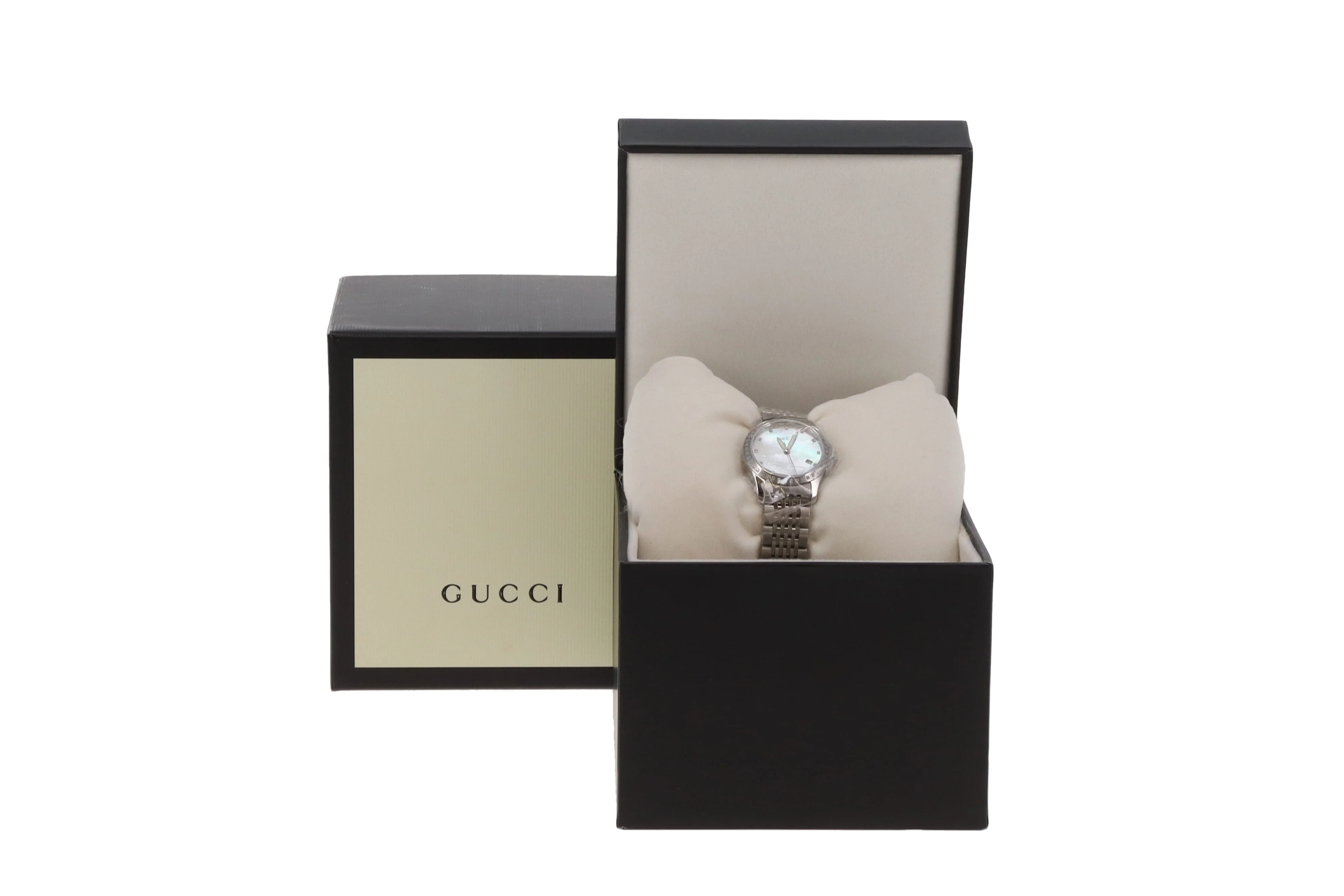 Gucci G-Timeless Steel Watch 29mm With Mother Of Pearl Dial And Strass