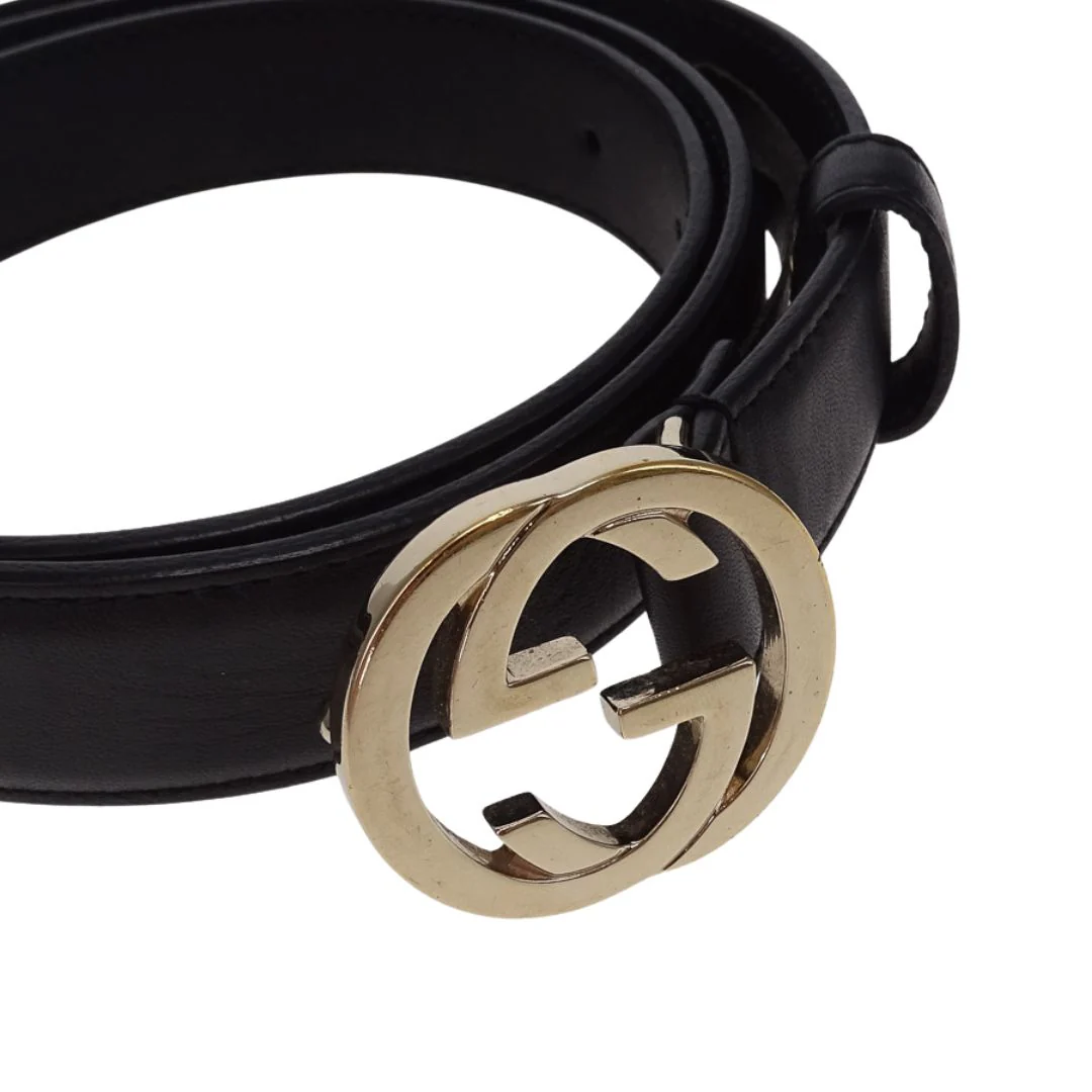 Gucci Interlocking G Thin Black Belt 80/32 Gold Buckle - Image 7