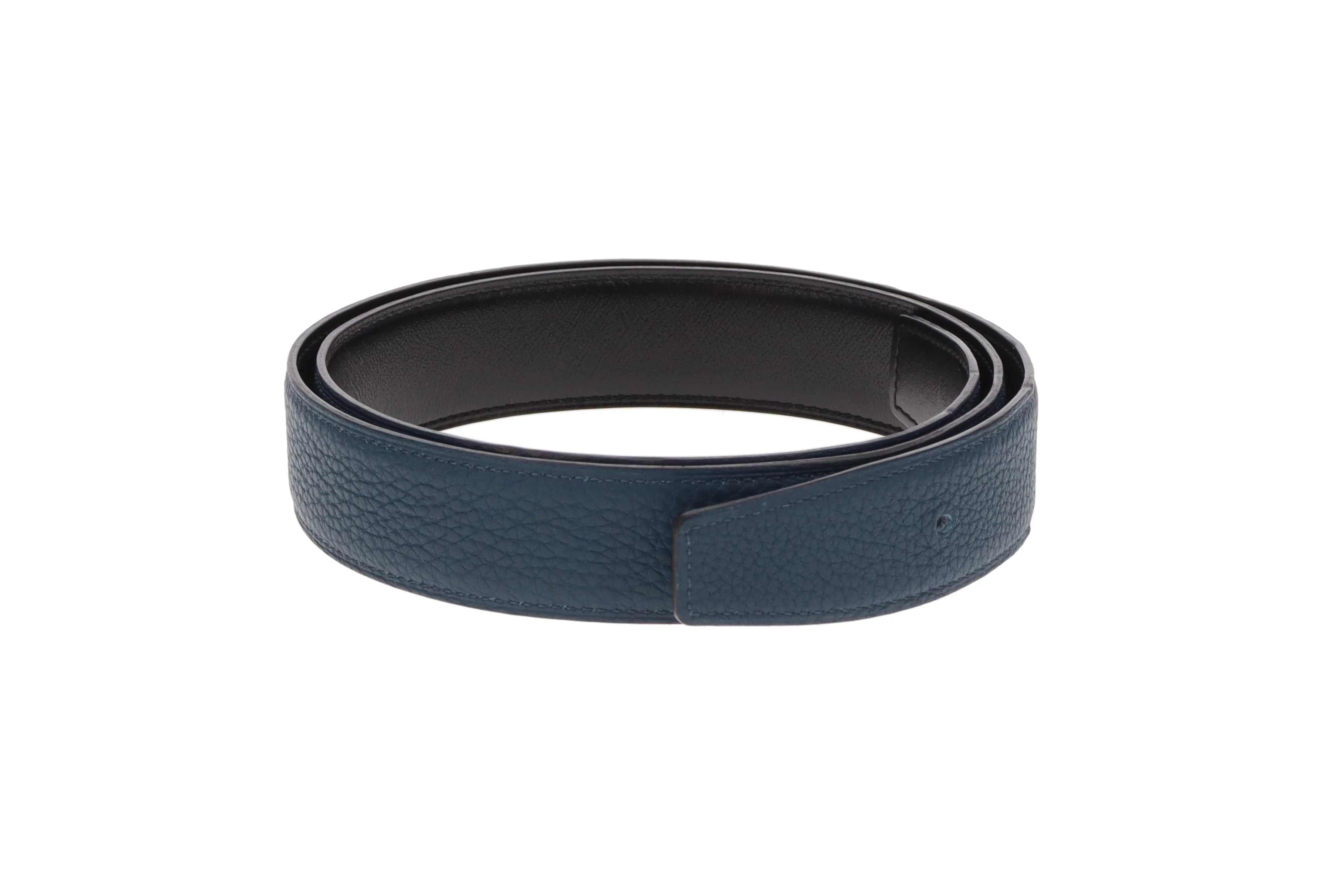 Hermes Belt In Blue Togo & Noir Swift Leather Reversible 85cm (No Buckle)